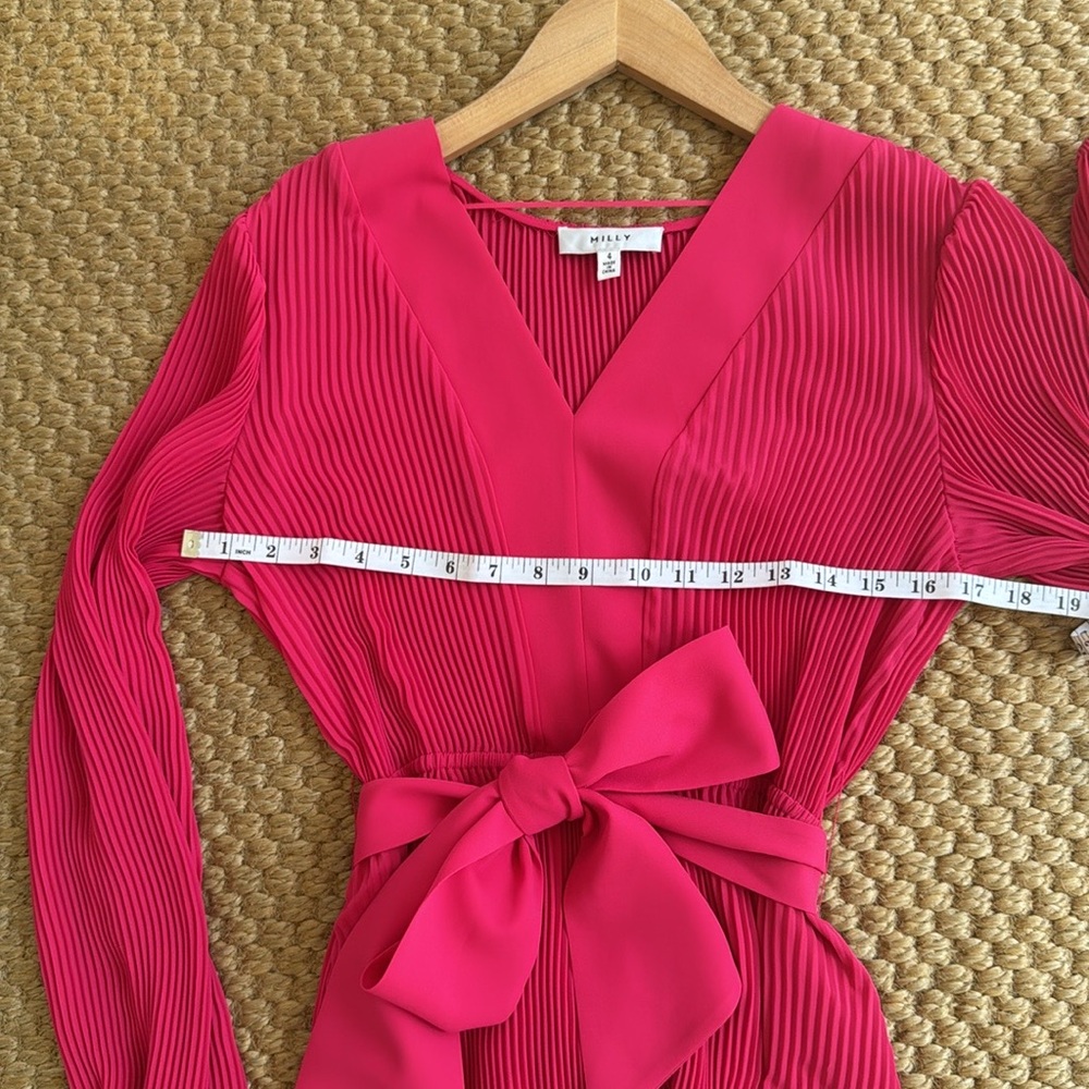 NWOT MILLY Women Liv Pleated Tie-Waist Long Sleeve V-Neck Pink Mini flare Dress - Picture 4 of 7